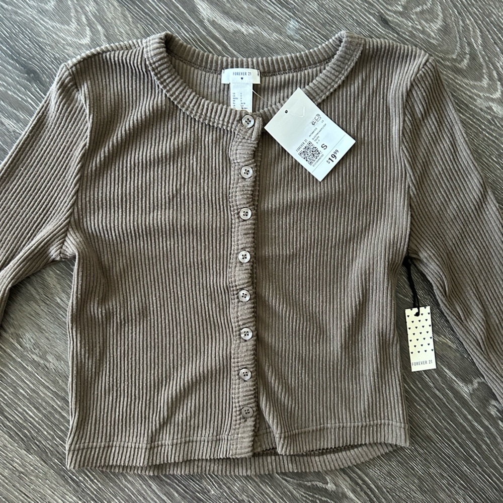 Forever 21 Tan Ribbed Polo Long Sleeve Top